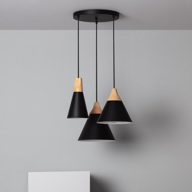 Edit Lighting Edit Dustin 3 Light Cluster Ceiling Pendant In Black & Wood Finish