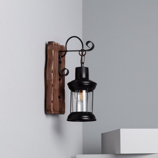 Edit Lighting Edit Fanala Single Light Wall Lantern in Black And Wood Finish