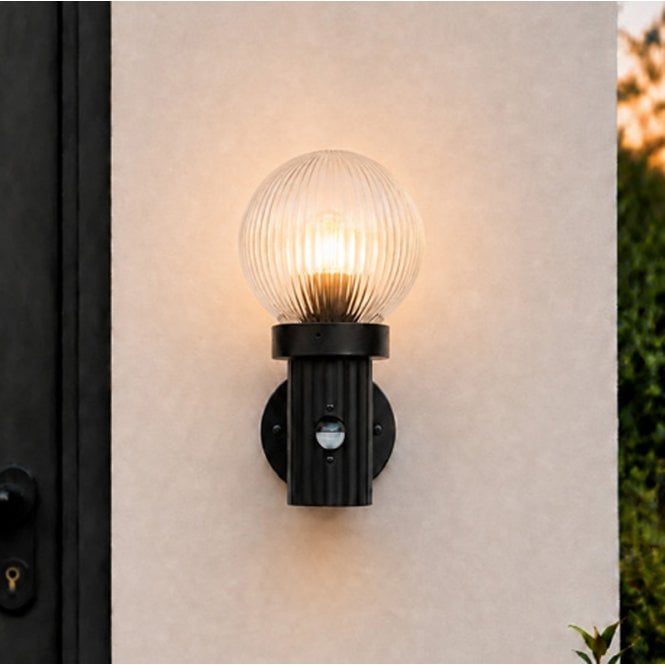 Edit Lighting Edit Fjord Outdoor Lantern Wall Light with Ridged Glass and PIR Sensor - Black
