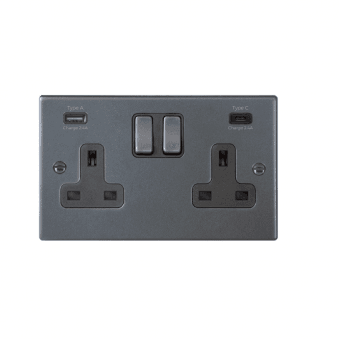 Edit Lighting Edit Hartland 2 Gang Double UK Socket with USB A+C Charging Ports - Anthracite
