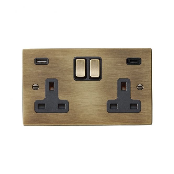 Edit Lighting Edit Hartland 2 Gang Double UK Socket with USB A+C Charging Ports - Antique Brass