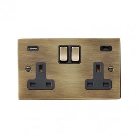 Edit Hartland 2 Gang Double UK Socket with USB A+C Charging Ports - Antique Brass