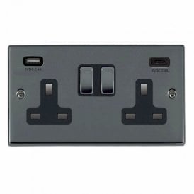 Edit Hartland 2 Gang Double UK Socket with USB A+C Charging Ports - Black Nickel