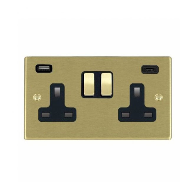 Edit Lighting Edit Hartland 2 Gang Double UK Socket with USB A+C Charging Ports - Satin Brass