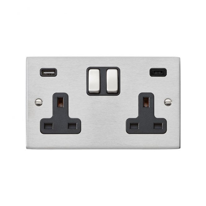 Edit Lighting Edit Hartland 2 Gang Double UK Socket with USB A+C Charging Ports - Satin Stainless Steel