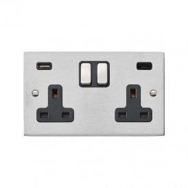 Edit Hartland 2 Gang Double UK Socket with USB A+C Charging Ports - Satin Stainless Steel