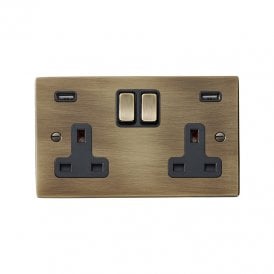 Edit Hartland 2 Gang Double UK Socket with USB A Charging Ports - Antique Brass