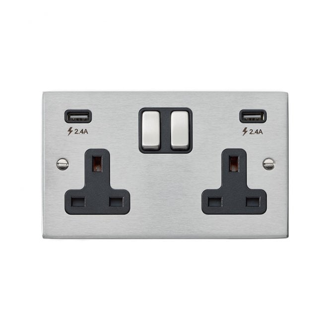 Edit Lighting Edit Hartland 2 Gang Double UK Socket with USB A Charging Ports - Satin Stainless Steel
