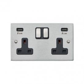 Edit Hartland 2 Gang Double UK Socket with USB A Charging Ports - Satin Stainless Steel