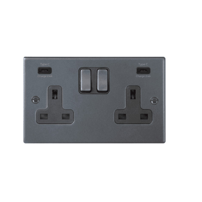 Edit Lighting Edit Hartland 2 Gang Double UK Socket with USB C Charging Ports - Anthracite