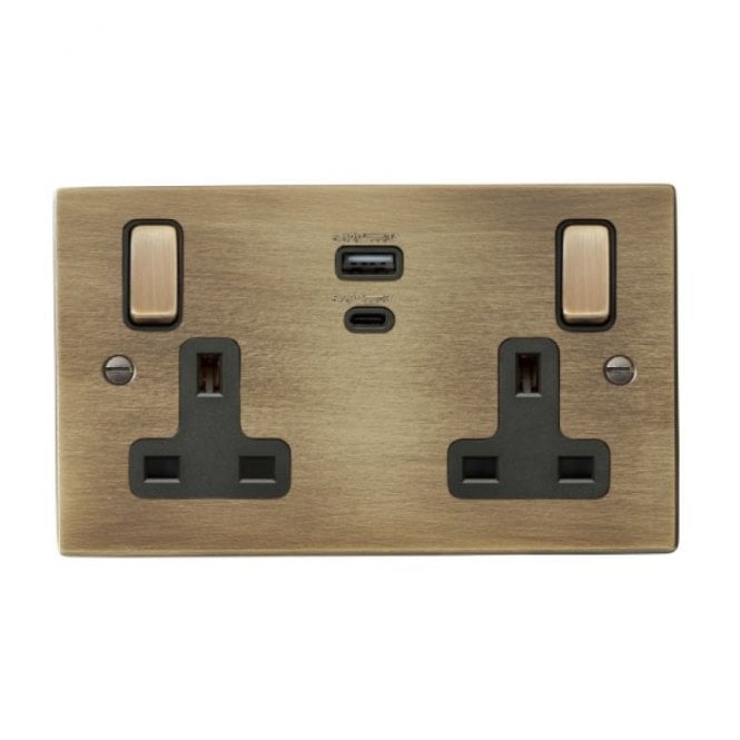 Edit Lighting Edit Hartland 2 Gang Double UK Socket with USB C Charging Ports - Antique Brass