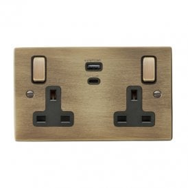 Edit Hartland 2 Gang Double UK Socket with USB C Charging Ports - Antique Brass