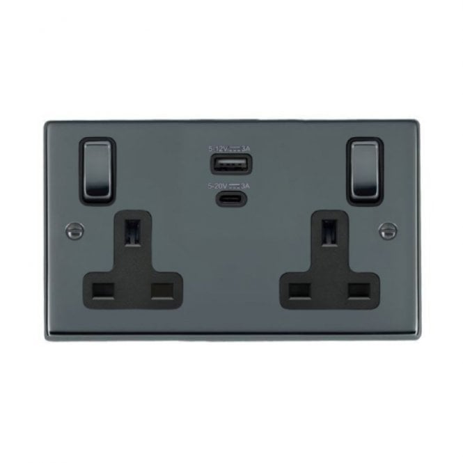 Edit Lighting Edit Hartland 2 Gang Double UK Socket with USB C Charging Ports - Black Nickel