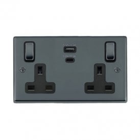 Edit Hartland 2 Gang Double UK Socket with USB C Charging Ports - Black Nickel
