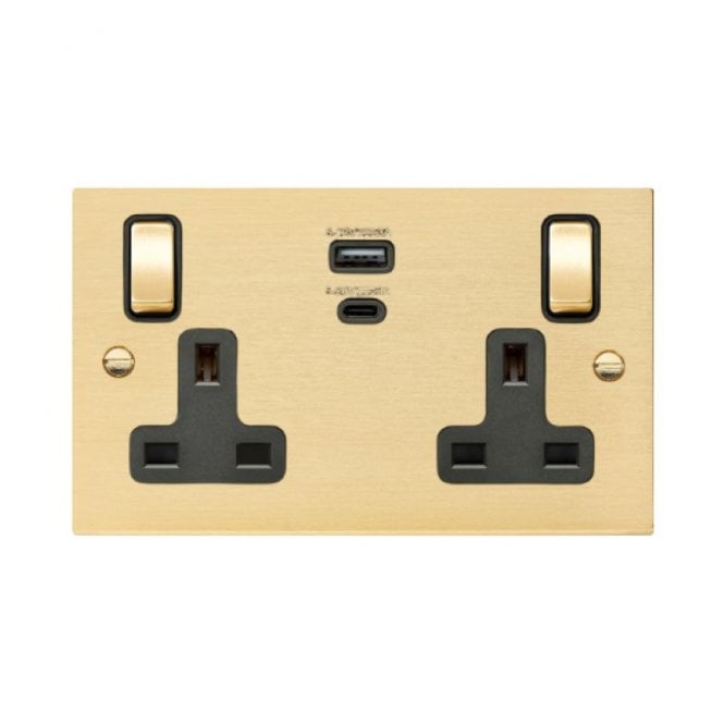 Edit Lighting Edit Hartland 2 Gang Double UK Socket with USB C Charging Ports - Satin Brass