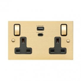 Edit Hartland 2 Gang Double UK Socket with USB C Charging Ports - Satin Brass