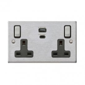 Edit Hartland 2 Gang Double UK Socket with USB C Charging Ports - Satin Stainless Steel