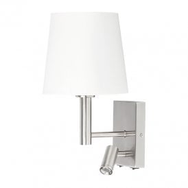 Edit Harvey Dual Wall Light Fitting with Integrated LED Reading Light in Satin Chrome Finish Complete with White Fabric Shade