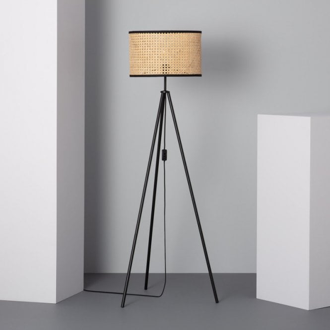 Edit Lighting Edit Huela Rattan Single Light Tripod Floor Lamp In Black Finish With Rattan Shade