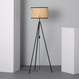 Edit Huela Rattan Single Light Tripod Floor Lamp In Black Finish With Rattan Shade