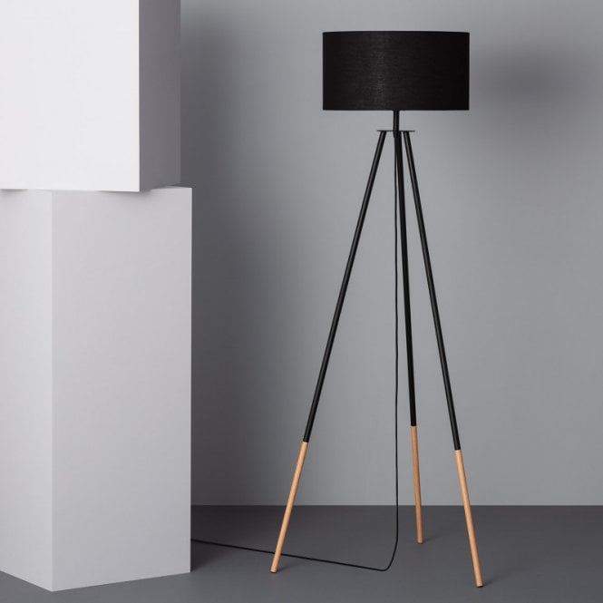 Edit Lighting Edit Kathathu Single Light Tripod Floor Lamp in Black And Wood Finish