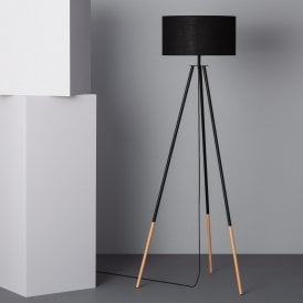 Edit Kathathu Single Light Tripod Floor Lamp in Black And Wood Finish