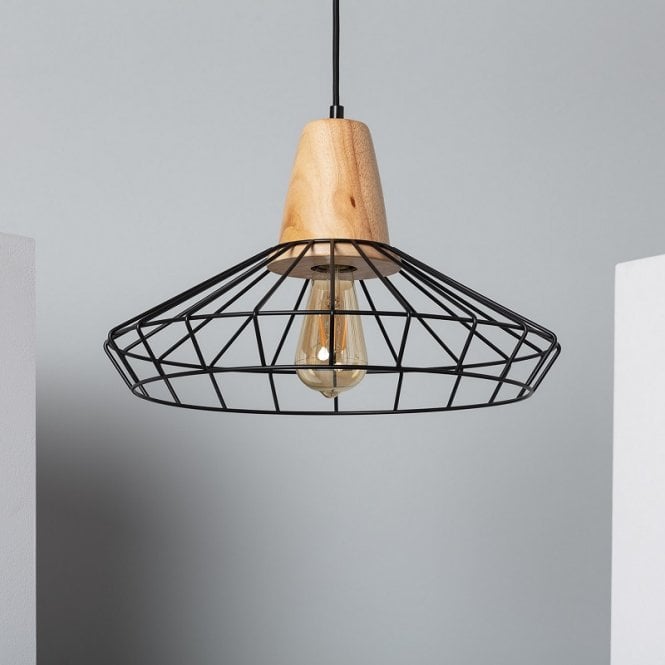 Edit Lighting Edit Keler Single Light Ceiling Pendant Fitting in Black Finish with Wood Detail