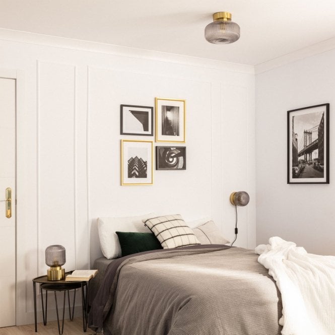 Edit Lighting Edit Lampara Single Light Flush Ceiling Fitting In Gold Finish With Smoke Glass