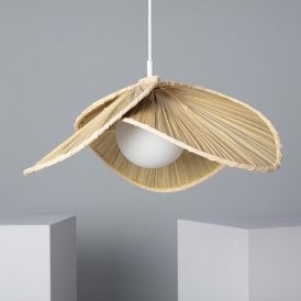Edit Majilily Single Light Ceiling Pendant Fitting in Natural Rattan Finish with Opal Diffuser