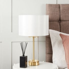 Edit Malta Single Light Touch Table Lamp With Glass And Aged Brass Base And White Faux Silk Shade