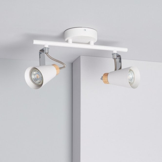 Edit Lighting Edit Mara 2 Light Ceiling Spotlight Bar Fitting in White And Wood Finish