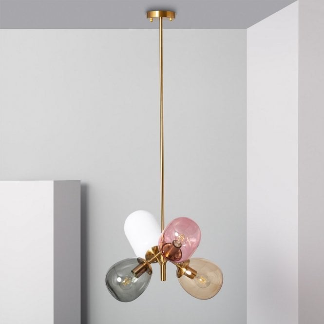 Edit Lighting Edit Papallona 4 Light Multi-Arm Pendant in Gold Finish with Multi-Coloured Glass Shades