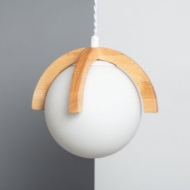 Edit Platon Single Light Ceiling Pendant In White & Wood Finish