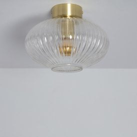 Edit Prometeo Single Light Flush Ceiling Fitting in Satin Gold Finish With Clear Ribbed Glass