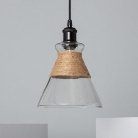 Edit Royesa Single Light Ceiling Pendant Fitting in Clear Glass and Natural Finish