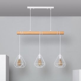Edit Sardo 3 Light Geometric Ceiling Bar Pendant In White & Wood Finish