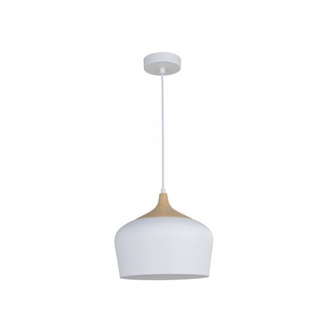 Edit Lighting Edit Serena Single Light Metal Ceiling Pendant in White Finish with Wood Detail