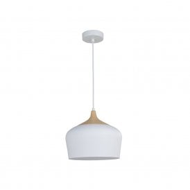 Edit Serena Single Light Metal Ceiling Pendant in White Finish with Wood Detail