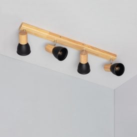 Edit Tautau 4 Light Ceiling Spotlight Bar Fitting in Wood Finish with Black Metal Shades