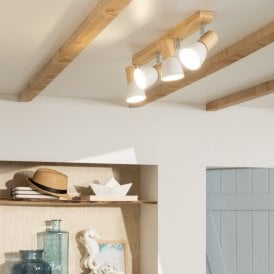 Edit Tautau 4 Light Ceiling Spotlight Bar Fitting in Wood Finish with White Metal Shades