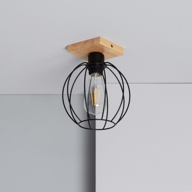 Edit Lighting Edit Topka Single Light Flush Ceiling Fitting In Black & Wood Finish