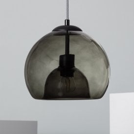 Edit Vaca Single Light Glass Ceiling Pendant Fitting in Black Finish with Smoked Grey Glass Shade
