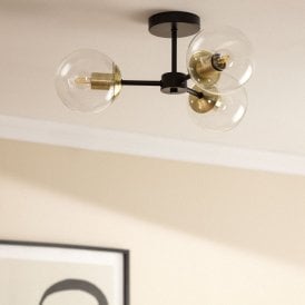 Edit Wassily 3 Light Flush Ceiling Fitting In Black Finish With Clear Glass