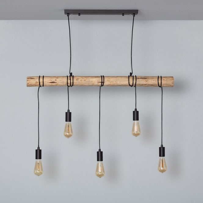 Edit Lighting Edit Yagis Wood 5 Light Bar Ceiling Pendant Fitting in Natural & Black Finish