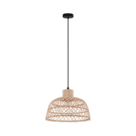 Eglo Ausnby Single Light Ceiling Pendant In Black And Natural Wood Finish
