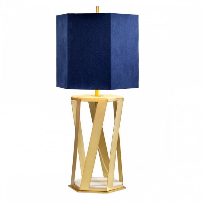 Elstead Lighting APOLLO/TL Apollo Single Light Table Lamp in Brushed Brass Finish with Marble Inserts and Navy Blue Faux Suede Shade