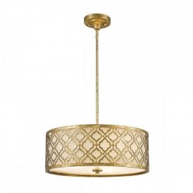 Elstead Arabella 3 Light Duo Mount Large Ceiling Pendant in Distressed Gold Finish with Cream Fabric Shade