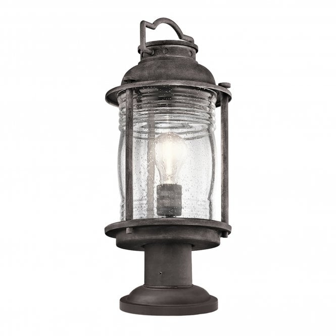 Elstead Lighting Elstead Ashland Bay Outdoor Single Light Pedestal Lantern in Weathered Zinc Finish with Seeded Glass