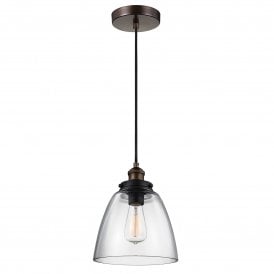 Elstead Baskin Single Light Ceiling Pendant in Painted Aged Brass and Dark Weathered Zinc Finish Complete with Clear Glass Shade