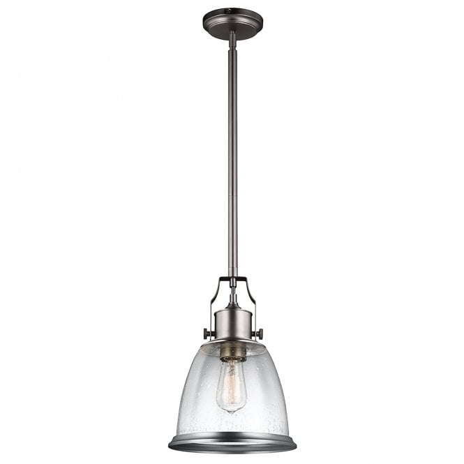 Elstead Lighting Elstead Hobson Single Light Medium Ceiling Pendant in Satin Nickel Finish Complete with Seeded Glass Shade